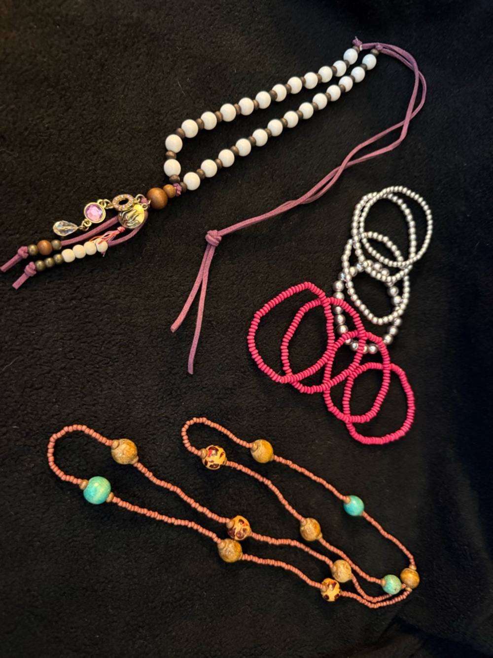 Mixed Beaded Necklace & Bracelet Set - Pink, White, Silver, Coral, Turquoise